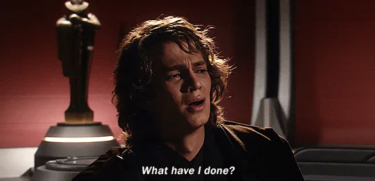 Star Wars screenshot showing a young, Anakin Skywalker looking very sad with white text beneath it saying, "What have I done?"