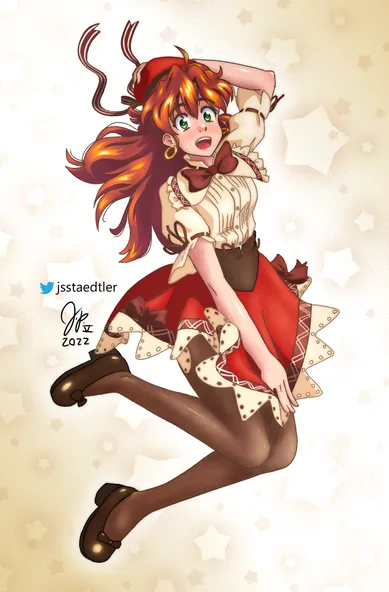 An anime-style drawing of a woman, my original character Ceilidh, wearing a ruffled short-sleeve blouse, a short skirt, tights, and a beret.  She has an energetic smile, and is in a leaping pose, holding the hat onto her head.