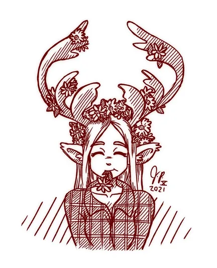 An anime-style line drawing from the bust up of my original character Reina, a woman with large caribou antlers and ears but otherwise human features.  She's wearing a button-down flannel shirt.  Flowers are strewn throughout her hair and antlers.  Her eyes are closed with a happy and content expression, while she munches on a flower that is hanging from her mouth.