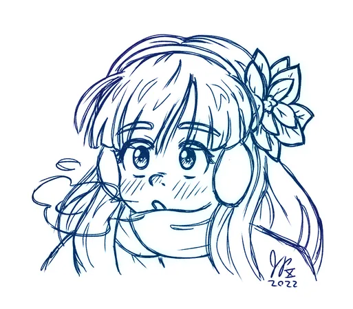 A sketchy line-drawing from the shoulders up of my OC Jillian.  She's dressed warmly with earmuffs and a scarf, and there's a large poinsettia flower in her hair.  It's cold out, and her breath is visible.