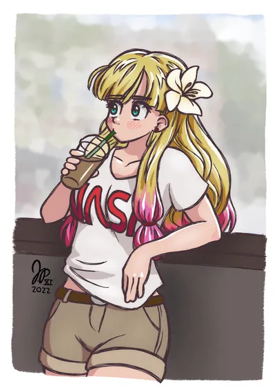 An anime-style drawing of my OC Jillian.  She's standing and leaning back on a counter with a window behind her, and she's drinking a coffee beverage through a straw.  She has a large white lily in her hair, and she's wearing shorts with a t-shirt displaying the old NASA "worm" logo.