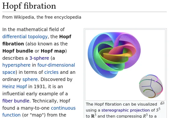 Screenshot from the wikipedia page for the Hopf fibration, showing an image I made that is featured there.  The image shows three layers of the Hopf fibration, corresponding to three bands on the base sphere.  They are rainbow candy colored.