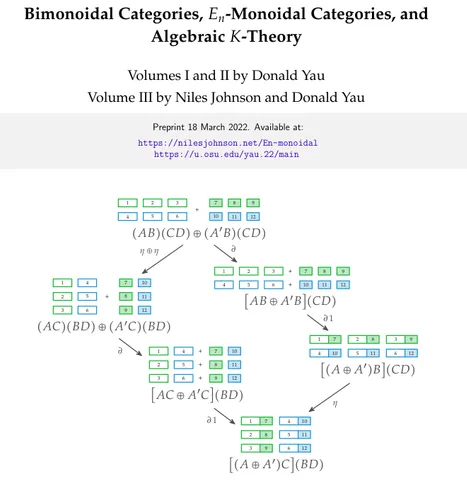 Screen shot from pdf of the book Bimonoidal Categories... (etc) by myself and Donald Yau.  The picture is a graphical representation of one of the axioms for bimonoidal structure, related to the interaction between distributive and commutative structures.  There are 6 different arrangements of 12 boxes each, grouped or flipped in different ways, related to different applications of distributivity and commutativity. 