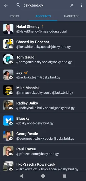 Screenshot showing a search for BlueSky accounts which can be followed on Vivaldi Social, found by searching for bsky.brid.gy