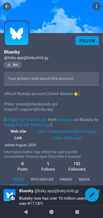 BlueSky's official account on Vivaldi Social.