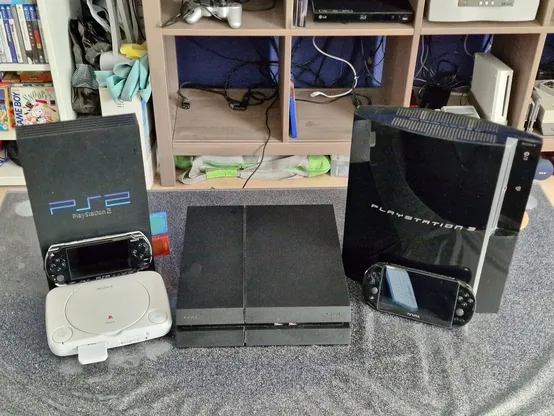 Playstation 2, PSone, PSP, Playstation 4, Playstation 3 and a PS Vita. 