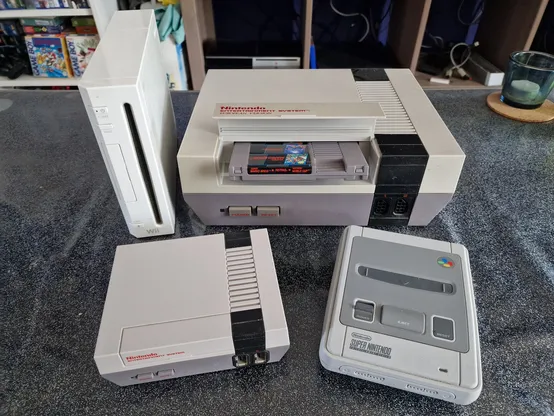 Nintendo Wii, Nintendo NES, NES mink and a SNES mini. 