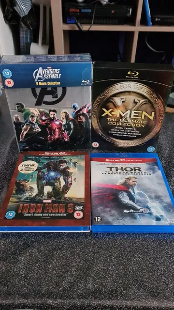 Collection of Marvel based movies on Bluray: the Avengers Assemble, The X-men, Iron Man 3 and Thor The Dark World. 