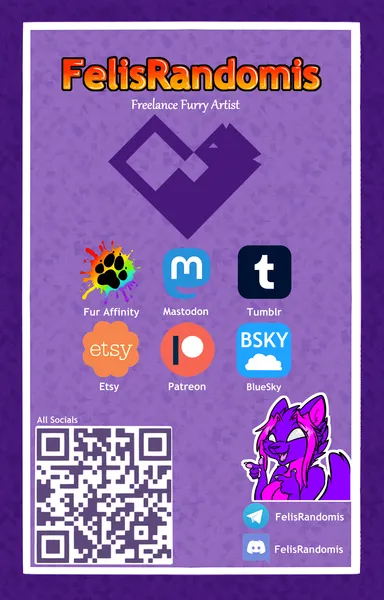 Digital banner piece depicting a purple and pink cat OC headshot, along with icons showing other social medias where I can be found, along with QR codes that link to my Carrd and also specifically my Telegram Art channel