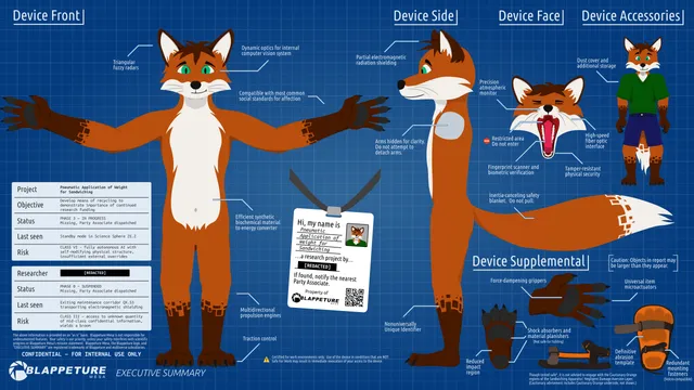 On a Blappeture Mesa-branded blueprint, a red anthropomorphic fox stands in reference poses: facing the camera arms out, side to the camera, arms hidden, face with mouth open, smaller front with clothes, and closeup of hands, footpaws, and sandals.

The text surrounding the blueprint refers to this fox as a device and research project, regarding it with some mystery.  It is inspired by Aperture Science from the Portal games.

Note: Screenreaders can read text in SVG source file, download it from the post link:
https://www.furaffinity.net/view/27507881/