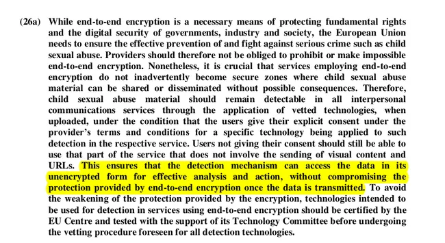 Den faktiske tekst til seneste kompromis, hvor det klart fremgår, at end-to-end krypteredede tjestester skal bruge client-side-scanning (scanne indholdet før det overføres i krypteret form).