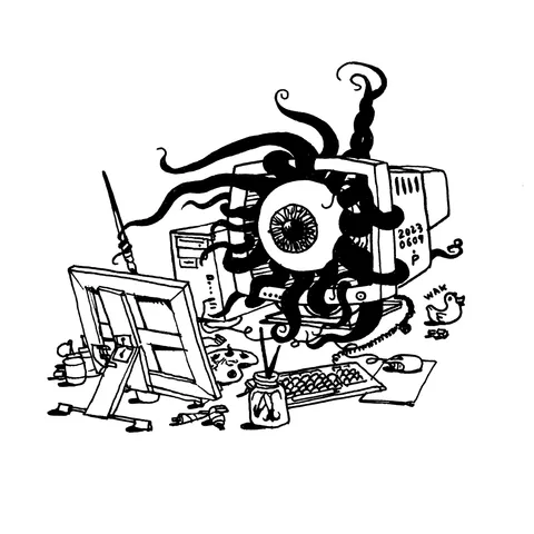 A drawing of a tentacled eye inside a computer with a brush in its hand painting what I assume is a self portrait. There’s a little duck next to it that says wak, amongst many computer and painting gadgets