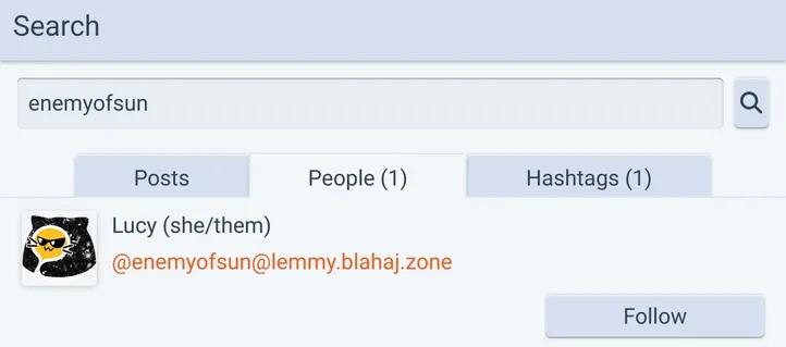 A screenshot of Akkoma's search showing my Lemmy account enemyofsun on lemmy.blahaj.zone.