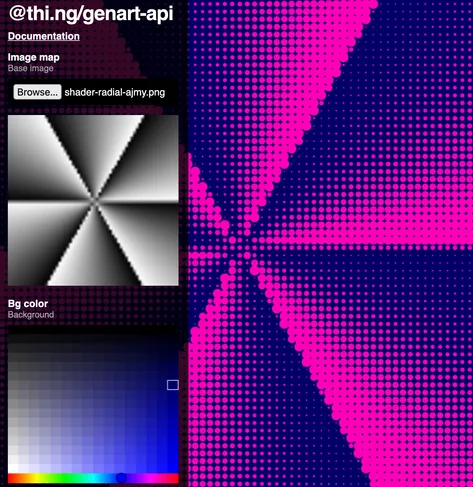 Screenshot of the linked image map parameter example, showing a sidebar with different parameter controls (low res grayscale image preview, color picker), and the artwork showing the imported image represented as a fine grid of differently sized pink dots on dark blue background