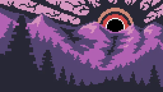 Pixel art of a mountainous landscape with trees in the foreground. There is an ominous eye-like figure in the background looming over the environment.