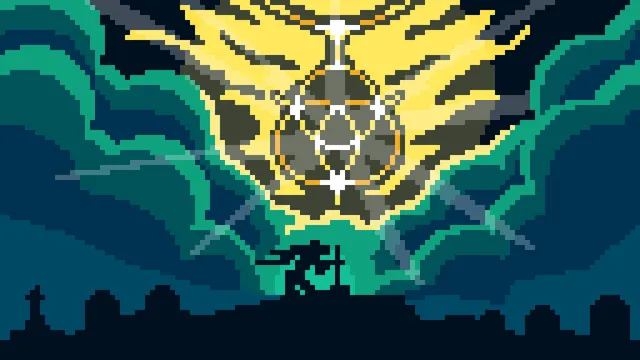 Pixel art of the Tarnished kneeling at a graveyard from the video game: Elden Ring. In the background there is a parting of clouds, revealing an ominous ancient symbol.