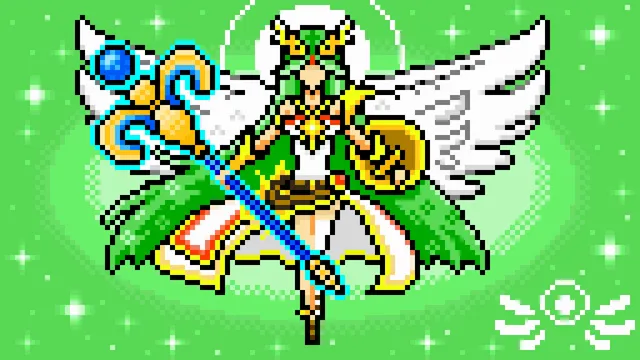 Pixel art of the Goddess Lady Palutena from the video game series Kid Icarus. She is holding a magical staff and shield. She has long green hair and large wings. There are lots of sparkles in the background.