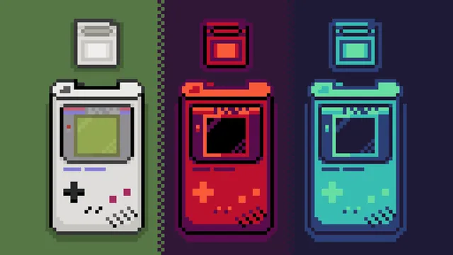 Pixel art of the video game handheld Nintendo Game Boy. Alongside the original Game Boy there's a color palette swapped red and blue version.