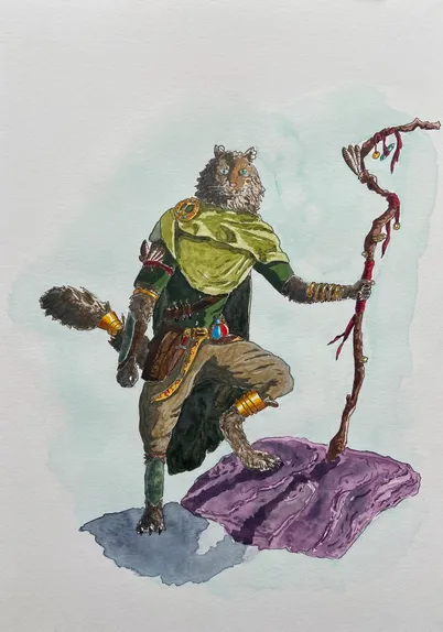 a watercolour and ink line illustration of a bipedal cat creature, dressed in druidic style green clothing with gold bangles and a vaguely mystical looking staff