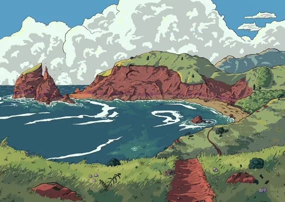 a colour digital illustration of a bay, with waves and rocky outcrops. the rocks and cliffs are red, with large clouds on the horizon