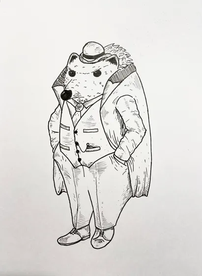 an ink line drawing of a bipedal hedgehog character, dressed like an early 1920s London gangster