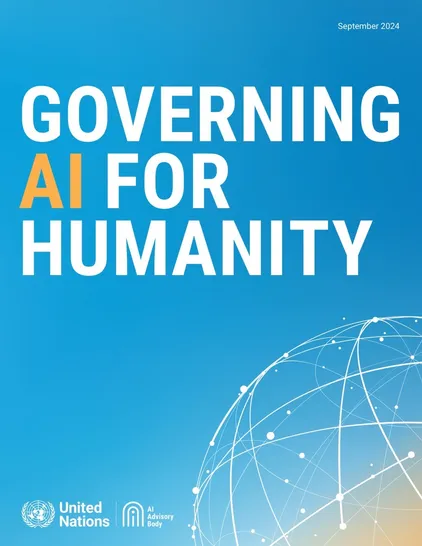 A blue background features the text "GOVERNING AI FOR HUMANITY" prominently. The United Nations logo and AI Advisory Body symbol are displayed at the bottom. The date "September 2024" is also included.