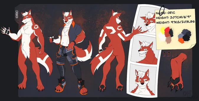 A Reference sheet for my Fursona "Oric"

He is 207cm or 6ft 9in tall when he wants to be normal sized.

His eyes have a gradient going from red to yellow. He has a piercing on his right ear. He has a scar on his nose.

His fur mostly solid red except for his chest and stomach area and additional exceptions for a few patterns which are as follows:

On his left shoulder there is a white pattern resembling the letter O.
On his back as well as on the back of his arms is a white pattern resembling the letter R.
On his tail is a pattern resembling the letter I.
On his right shoulder there is a pattern resembling the letter C.

His hair and (relatively thick) eyebrows are also white.