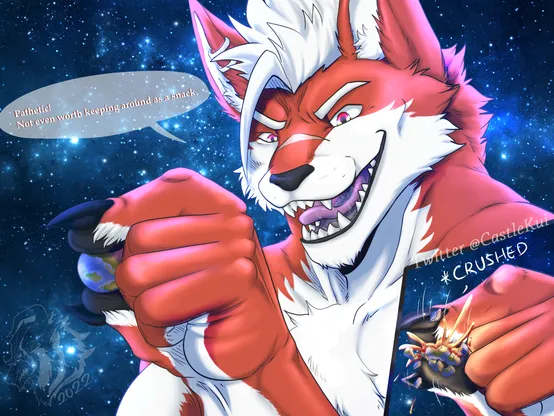 A picture of my Fursona Oric, being gigantic, holding earth between his fingers and mocking it as not even being "worth to keep around as a snack" and then crushing it in a separate panel.