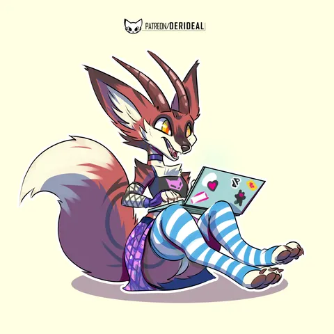 A commissioned piece by kiaun showing Mics demon fox fursona working on a laptop and wearing femme clothing which includes a top, fishnet arms, a skirt and thigh high socks (also known as programmer socks) 