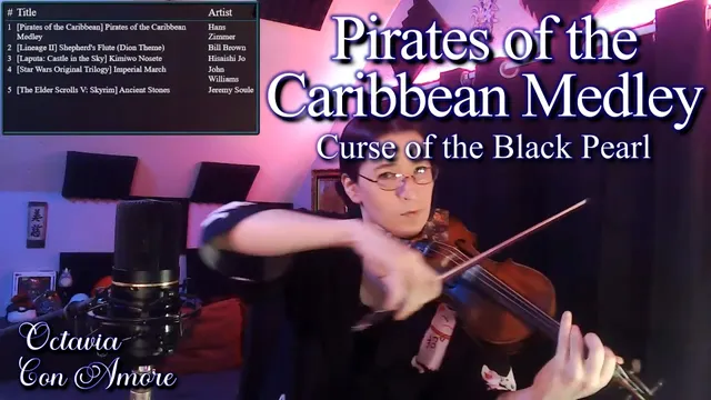 A violinist in playing position, her right hand blurred by motion, sitting in a pink and blue-lit room, with text in-frame reading: Pirates of the Caribbean Medley - Curse of the Black Pearl.