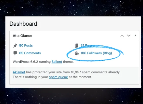 a screenshot of my Wordpress dashboard showing: 90 posts, 31 pages, 85 comments and 106 Followers (Blog).

Unrelated to the conversation but there is also a mention of Akismet having blocked almost 11000 spam comments. So thank you Akismet!