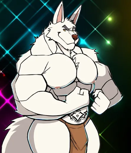 A portrait shot of my jackal character against a flashy multicoloured background. He's got white fur, thick grey eyebrows and heavy-set muscles. He's flexing his biceps and clenching his fists as he strikes a pose. The only clothing he wears is a brown loincloth, and there is a male pregnancy tattoo on his lower abdomen. The tattoo is a permanent curse, he can impregnate others and be impregnated.