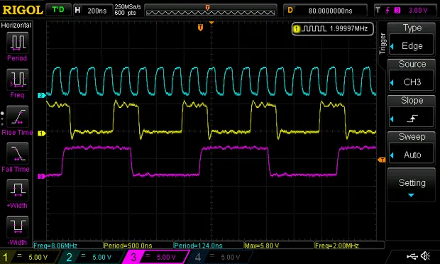 Some signals on an oscilloscope: a clock at 8Mhz, the address strobe signal, and the A0 address line, indicating a kind of free running mode.