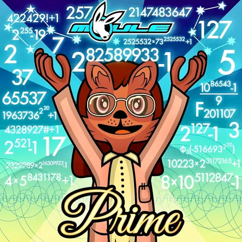 "The cover art I made for my track "Prime".

It has Catherine, an anthropomorphic  rose-gold-coloured cartoon quokka with long crimson hair, wearing a faint pink lab coat over a faint yellow buttoned shirt, happily looking and reaching upwards surrounded by the most largest and famous prime numbers discovered so far.

The background's gradient fades from dark blue at the top, through the teals, to faint yellow at the bottom, and has sine waves behind Catherine symbolising the distribution of prime numbers. Above is the MOULE logo and below is the word "Prime" in cursive.