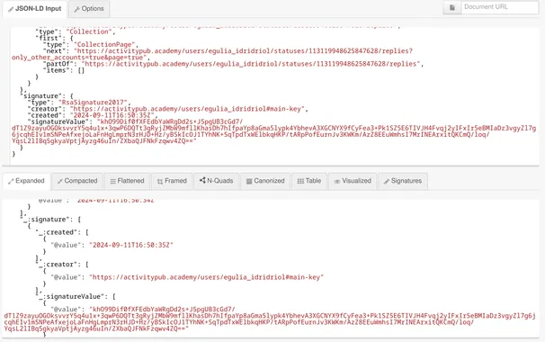 The JSON-LD representation of a Create(Note) activity containing LD Signatures produced by Mastodon and its expanded form. The “signature” property and its child properties are not properly namespaced.