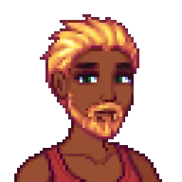 Stardew Valley-style pixel art of a black man with wavy blonde hair, green eyes, and a red tank top