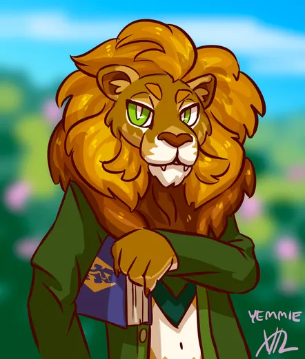 A vibrant drawing of an anthro male lion with a bright golden mane and light green eyes. He's standing upright wearing a green blazer and has a book with the Imperial Legion symbol from the Elder Scrolls on its cover. Art by @YemmieArts@furry.energy