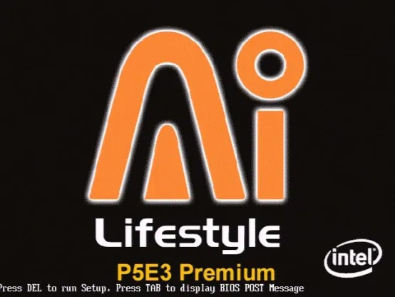 An old bios splash screen from a 2008 Asus motherboard:
Ai Lifestyle
P5E3 Premium
Press DEL to run Setup, Press TAB to display BIOS POST Message
Intel logo