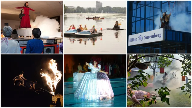 Collage of six pictures from different opera productions: In a laundromat, on a lake, in front of a Hilton Hotel, on an open field, in a indoor swimming pool, in an allotment garden area.