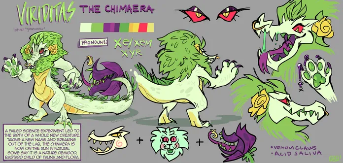 A chimaera fursona named Viriditas with features of a lion, crocodile, and man-eating plant. 