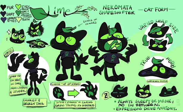 Lime the Cat / Nekomata Shapeshifter is a black cat that comes from a slime character form. He has lime green eyes and a medium green leaf on his head. A shirt is worn that has a green skull and crossbones on it. He has a half cut off tail that ends in a poof. 