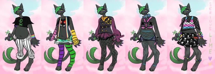 Serious Lime is the version / form of Lime the Nekomata that makes him have more serious furry anatomy. He is standing here with 5 iterations of different outfits. 