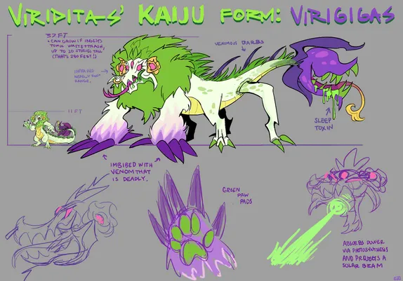 Viriditas' Kaiju Form: VIRIGIGAS 

37 feet tall can grow up to 280 feet or more in height if eats pollution

Infra-red and nearly 360 degree range of eyes, from the face and in the flowers on their ear area

Green paw pads

Imbibed claws with venom that is deadly

Poison sleep toxin spit

Can use solar beam from mouth opening up like the predator