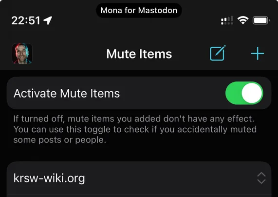 Screenshot of the Mute Items screen in Mona for Mastodon app on iOS showing krsw-wiki.org at the top of the list (cropped).