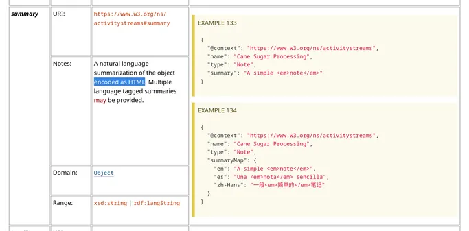 The Activity Vocabulary specification says that the summary property is “a natural language summarization of the object encoded as HTML.”