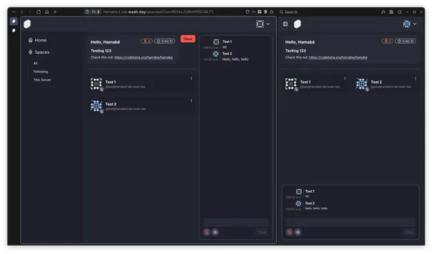 The left panel and the right panel are different accounts of Hamabē on different servers. They are chatting in the same room.