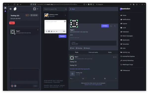 The notifications from Hamabē federate to Mastodon on the right panel.