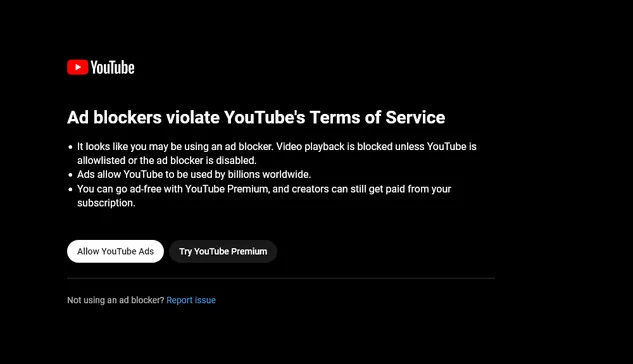 YouTube warning to disable Adblocker or pay them to stop nagging you 