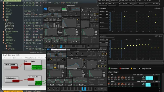 2 Helm synths, 1 JACK connection graph, two sequencers, part of Neovim...