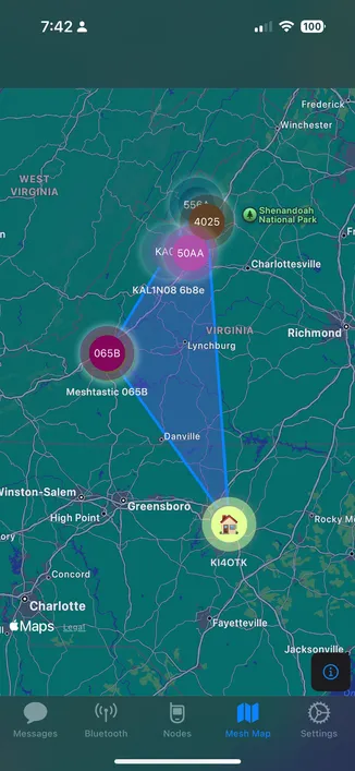 Screen capture of Meshtastic app on iOS showing RF connectivity between nodes in Raleigh, North Carolina and a band opening on 33cm that briefly extended the mesh well north into the mountains of Virginia. 